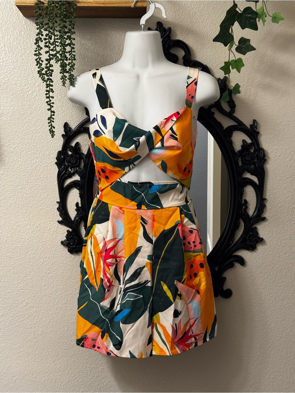 SHEIN Yellow & Green Tropical Cutout Romper